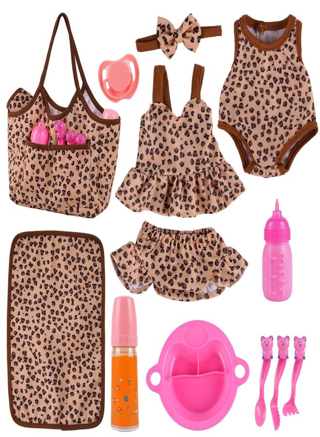 BABESIDE 13Pcs Baby Doll Clothes and Accessories for 10-12 inch Dolls, Baby Doll Feeding and Care Set with Carry Bag, Bottles, Tableware, Baby Doll Outfit for Newborn Doll Girl (Leopard Pattern) - Image 1